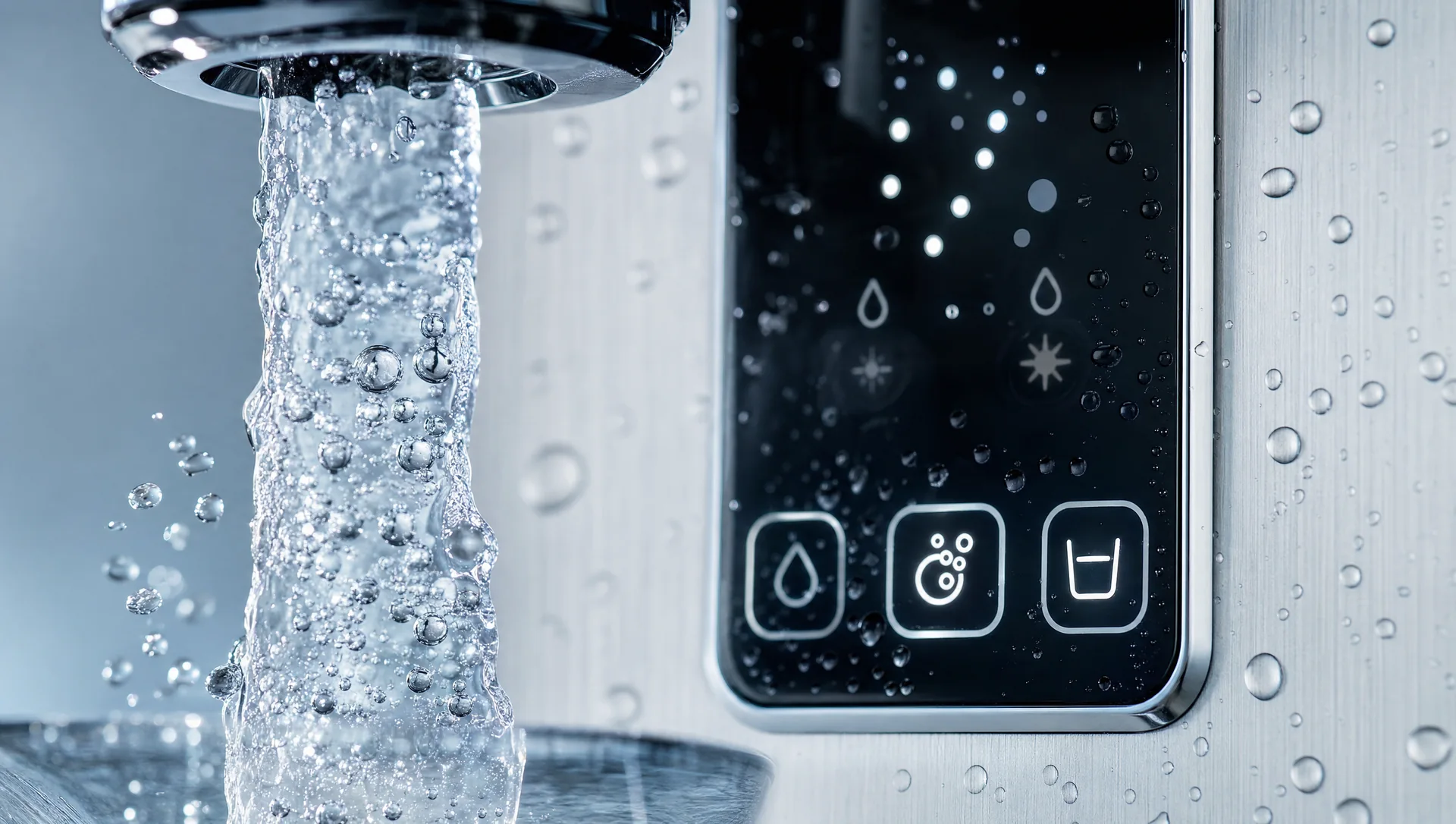 Detailaufnahme des WATERlife BLUE Sparkling: gefiltertes, prickelndes Wasser läuft frisch in ein Glas